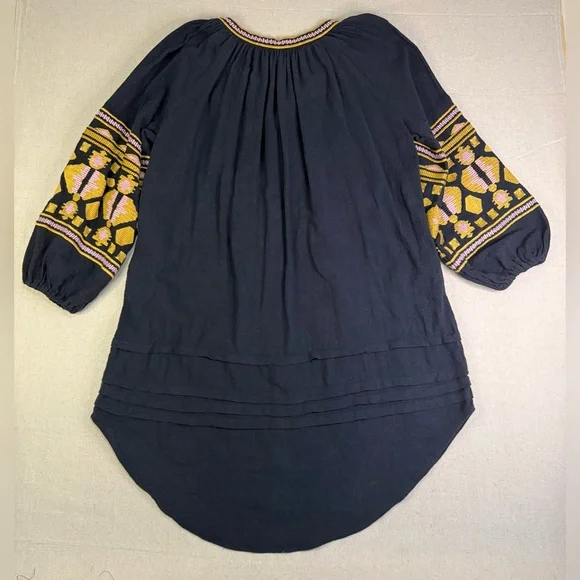 D105 Free People Navy Oversized Dress with Yellow Gold Embroidery - Full Sleeves - Picture 2 of 8